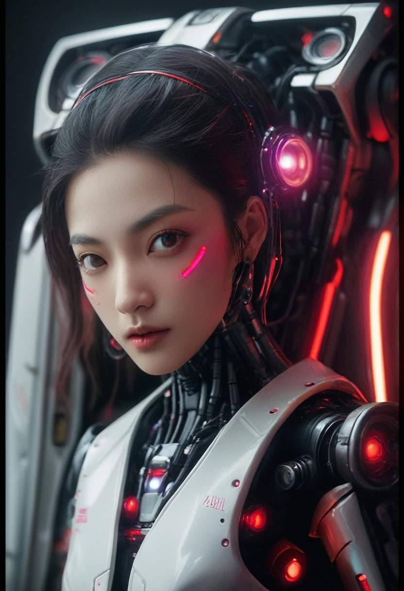 xxmixgirl. Highly detailed professional 35mm film, bokeh, face in sharp focus. A robotic female, Miku, with ((metal skin)), ((perfect Asian eyes)) with magenta irises and ((black pupils)), beautiful serious (detailed face), 18 year old ((photorealistic face)), very long magenta twin tails of magenta hair, twin black hair ties with a single red stripe. She may have a black audio headpiece. We can see her ((full body)) down to her boot soles. Her outfit is a sleeveless collared light grey shirt, outlined in red around the frilled collar and hems. Shiny reflective ((metallic breast cups, dimpleless)), invisible nipples. She wears black sleeves with red hems that start around her upper arm and bellow out as the sleeves open and extend to her wrists, with wide trumpet red rimmed cuffs. She has perfect robotic (detailed hands). She wears a red colored tie with two horizontal solid parallel black lines halfway across. She wears a fabric black skirt with a horizontal red hem at the bottom all the way around; her (((black skirt wraps around her))) and ((her skirt completely covers)) her robotic waist and thighs. Tall black boots with red bottom soles, a red rim around the top at her thighs. Her mechanical shoulder joints are visible. We can see her robotic legs and robotic neck. Half of her is covered with shiny polished machinery. The background is a distant dark neon futuristic Japanese city, gold, cyan, violet neon, near harbor or mountains.
