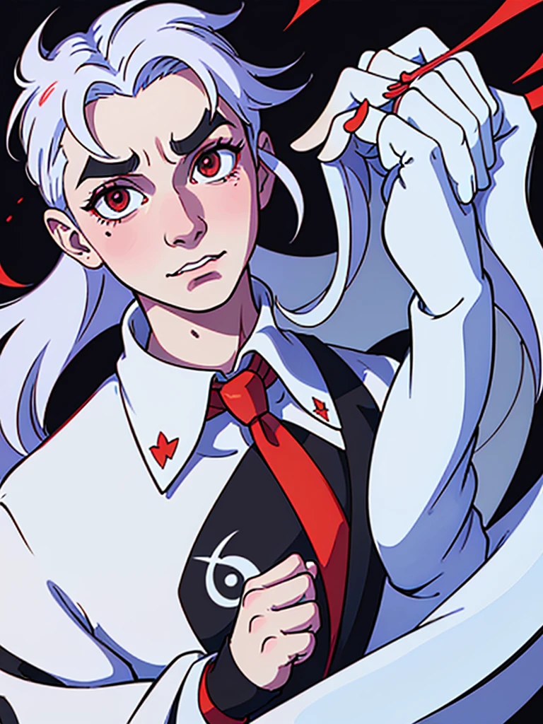 a close up of a poster with a man holding a peace sign, He has Red eyes and white hair, wearing white, his hands up and a bow tie. he is making hypnosise with his hand. Dracula style. comics anime style. butcher billy style, butcher billy, 70s poster, pop punk art style (No background)