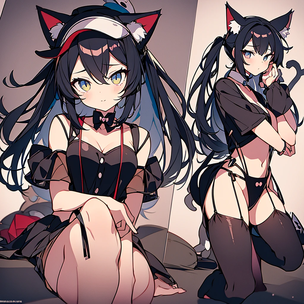 anime character with a cat hat and suspenders and a black shirt, anime full body illustration, anime girl with cat ears, full body adoptable, cute anime catgirl, anime vtuber full body model, anime catgirl, anime character design, detailed anime character art, anime character, anime character art, pretty anime character design, anime visual of a cute girl