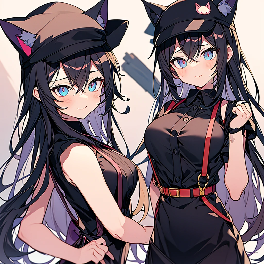 anime character with a cat hat and suspenders and a black shirt, anime full body illustration, anime girl with cat ears, full body adoptable, cute anime catgirl, anime vtuber full body model, anime catgirl, anime character design, detailed anime character art, anime character, anime character art, pretty anime character design, anime visual of a cute girl