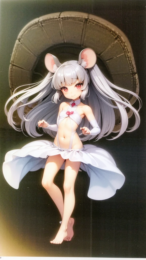 ((masterpiece))((Highest quality))Mouse Ears、girl、smile、blush、Flat Chest、Are thin、、low length、Gray Hair、blush、Are standing、Whole body image、Even your toes are visible、Eye level on face、front、No background、Mouse pose、真frontのアングル