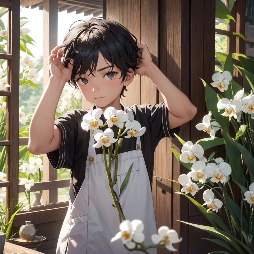 A  boy who has a slit in his forearm, and inside there are white orchid flowers, and he picked one of those flowers.