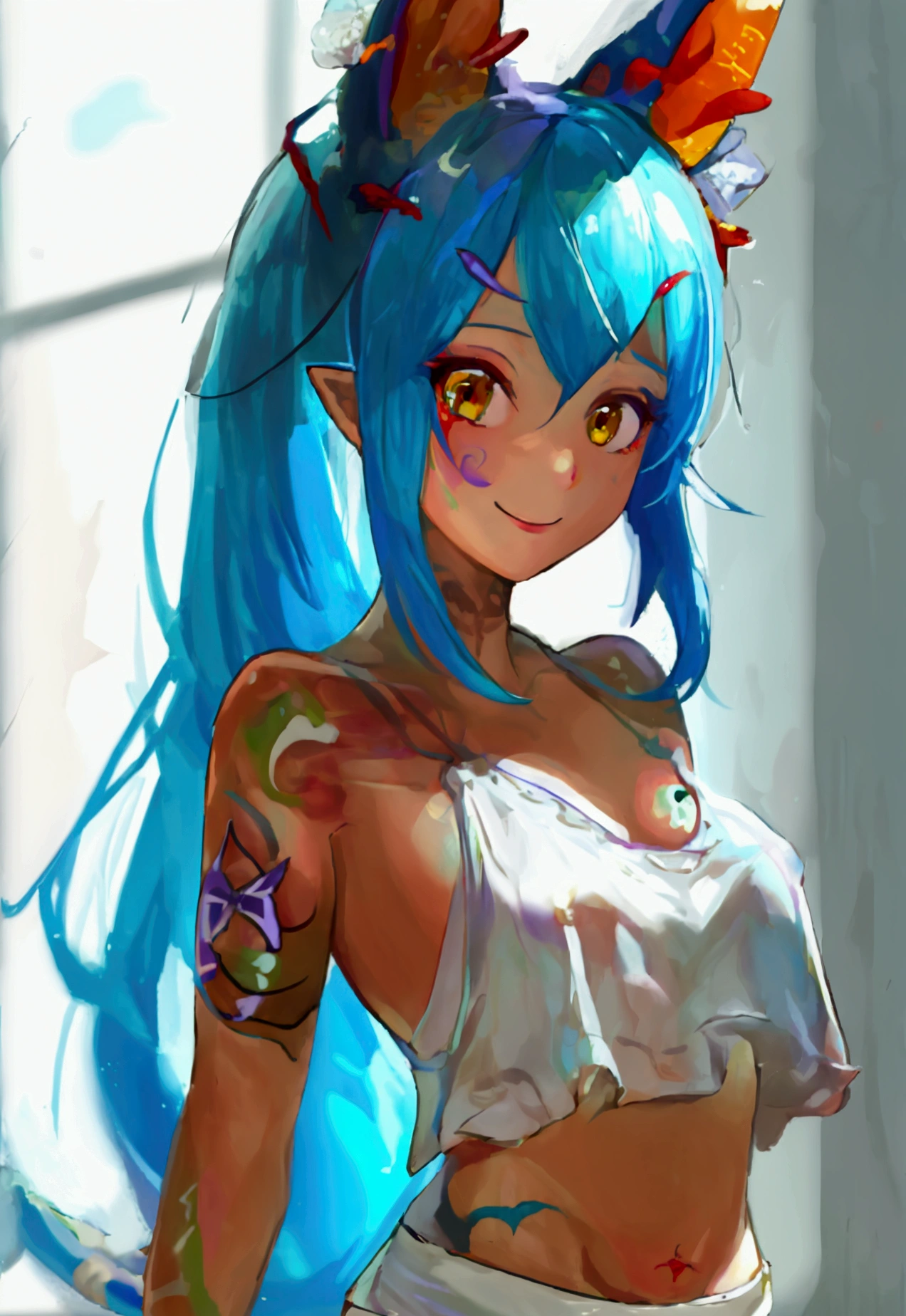 1girl, solo, cyan hair, light blue hair, very long hair, hair accesory, green eyes, small breasts, crop top, white top, navel, white shorts, (lizard tail, calango tail:1.25), pointy ears, (red tattoos, purple tattoos, tattoos all over her body:1.23), standing, smiling, closed mouth, arms behind back, close-up, portrait, zoom in, transparent background, white background, ((masterpiece, best quality, limited palette))