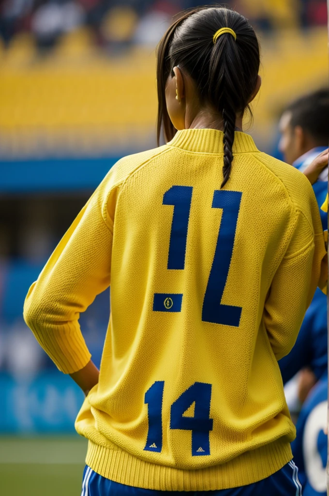 Colombian soccer match a woman from behind with a yellow sweater that says YUNA on the back