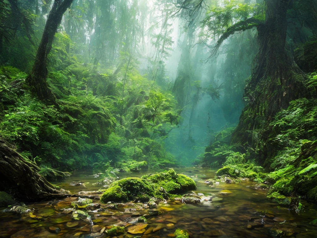 A spring with clear water in a thick forest, high chaos, dark fairytale atmosphere, volumetric light, soft sunlight, intricate work by Johan Grenier style, Alyssa Monks style