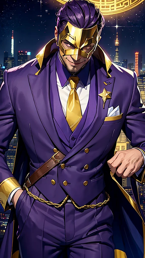 A tall, strong man wearing a purple suit with gold details and a smiling star mask that does not show his face