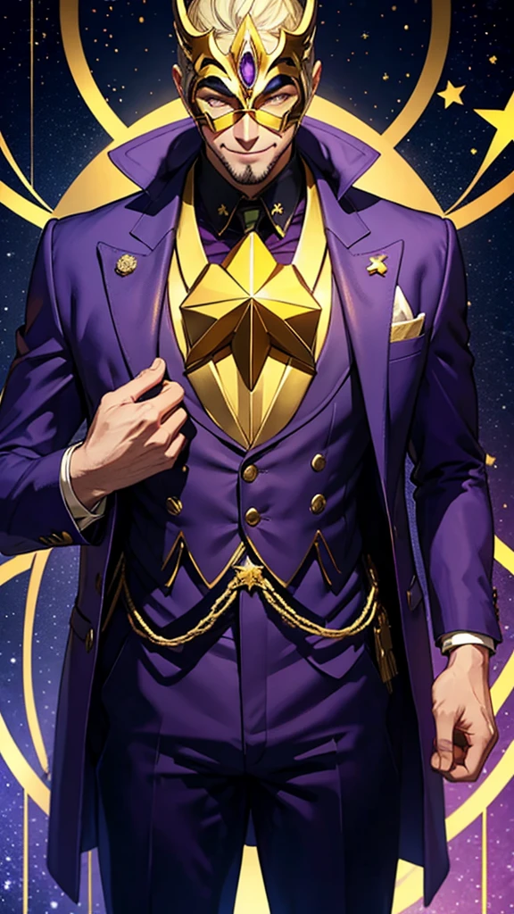 A tall, strong man wearing a purple suit with gold details and a smiling star mask that does not show his face 