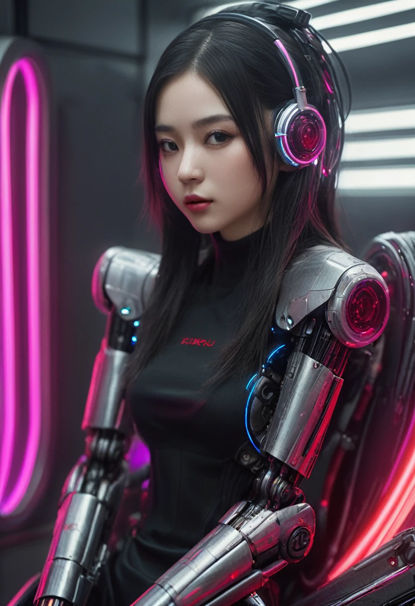 xxmixgirl. Highly detailed professional 35mm film, bokeh, face in sharp focus. A robotic female, Miku, with ((metal skin)), ((perfect Asian eyes)) with magenta irises and ((black pupils)), beautiful serious (detailed face), 18 year old ((photorealistic face)), very long magenta twin tails of magenta hair, twin black hair ties with a single red stripe. She may have a black audio headpiece. We can see her ((full body)) down to her boot soles. Her outfit is a sleeveless collared light grey shirt, outlined in red around the frilled collar and hems. Shiny reflective ((metallic breast cups, dimpleless)), invisible nipples. She wears black sleeves with red hems that start around her upper arm and bellow out as the sleeves open and extend to her wrists, with wide trumpet red rimmed cuffs. She has perfect robotic (detailed hands). She wears a red colored tie with two horizontal solid parallel black lines halfway across. She wears a fabric black skirt with a horizontal red hem at the bottom all the way around; her (((black skirt wraps around her))) and ((her skirt completely covers)) her robotic waist and thighs. Tall black boots with red bottom soles, a red rim around the top at her thighs. Her mechanical shoulder joints are visible. We can see her robotic legs and robotic neck. Half of her is covered with shiny polished machinery. The background is a distant dark neon futuristic Japanese city, gold, cyan, violet neon, near harbor or mountains.
