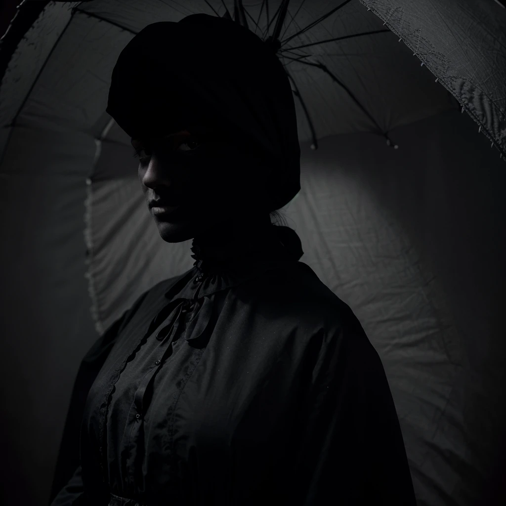 A woman wearing a long black victorian era dress, with a black veil covering her face, holding a black parasol, detailed portrait, highly realistic, cinematic lighting, dramatic shadows, ultra-detailed, 8K, photorealistic, award-winning portrait photography, chiaroscuro, dramatic mood, dark and moody, elegant, mysterious, goth