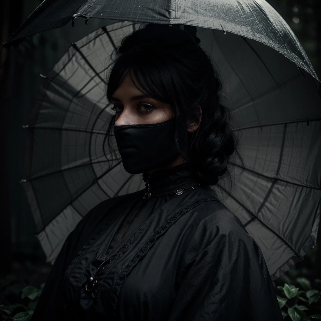 A woman wearing a long black victorian era dress, with a black veil covering her face, holding a black parasol, detailed portrait, highly realistic, cinematic lighting, dramatic shadows, ultra-detailed, 8K, photorealistic, award-winning portrait photography, chiaroscuro, dramatic mood, dark and moody, elegant, mysterious, goth