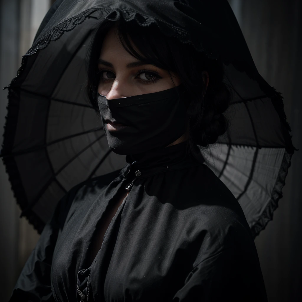 A woman wearing a long black victorian era dress, with a black veil covering her face, holding a black parasol, detailed portrait, highly realistic, cinematic lighting, dramatic shadows, ultra-detailed, 8K, photorealistic, award-winning portrait photography, chiaroscuro, dramatic mood, dark and moody, elegant, mysterious, goth