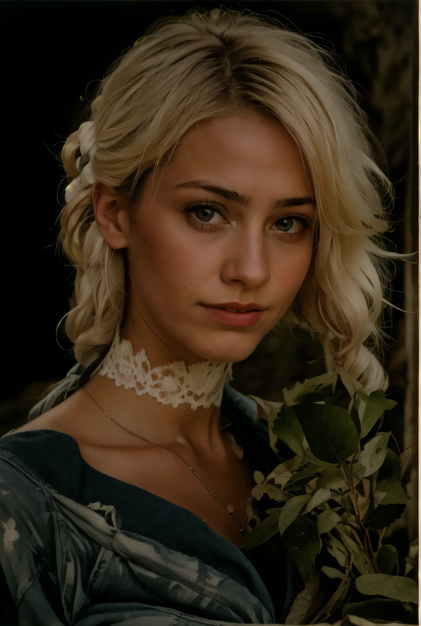 photograph of a woman, (troubled facial expression), textured skin, goosebumps, white afro hair, plaid flannel shirt with distressed boyfriend jeans, cowboy shot, dark and mysterious cave with unique rock formations and hidden wonders, perfect eyes, (candlelight,chiaroscuro), Porta 160 color, shot on ARRI ALEXA 65, bokeh, sharp focus on subject, shot by Don McCullin