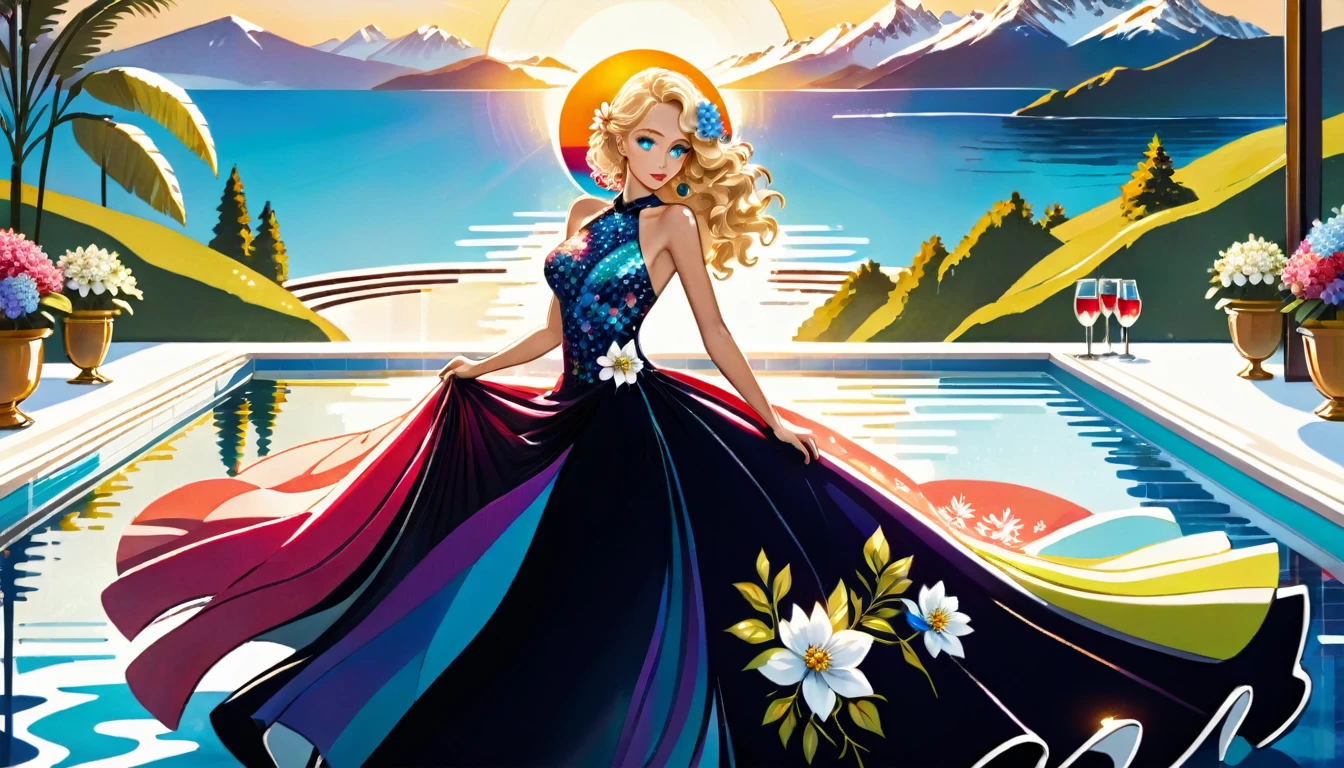 an ultra wide award winning picture of an elite glamour woman in a pool party in a high society pool on a snowy mountain, a most beautiful woman  ((anatomically correct:1.5)), blond hair, rich hair, wavy hair, deep blue eyes, wearing a bathing suit dress, intricate bathing suit, dynamic color, decorated with flowers, decorated with diamonds, sense of prestige, high class, holding a glass of wine, wearing elegant high heels, in a rich high society pool party, large infinity pool in hotel roof, in a resort on a snowy mountain, sun setting down, torches around the pool, and other party goers snow mountain in the background, chumbasket art style, flower dress