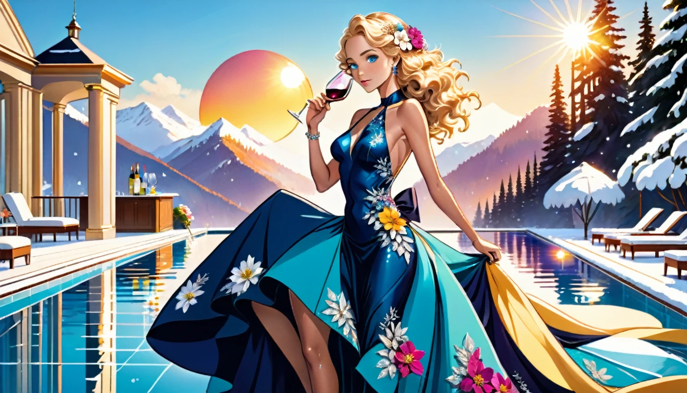 an ultra wide award winning picture of an elite glamour woman in a pool party in a high society pool on a snowy mountain, a most beautiful woman  ((anatomically correct:1.5)), blond hair, rich hair, wavy hair, deep blue eyes, wearing a bathing suit dress, intricate bathing suit, dynamic color, decorated with flowers, decorated with diamonds, sense of prestige, high class, holding a glass of wine, wearing elegant high heels, in a rich high society pool party, large infinity pool in hotel roof, in a resort on a snowy mountain, sun setting down, torches around the pool, and other party goers snow mountain in the background, chumbasket art style, flower dress