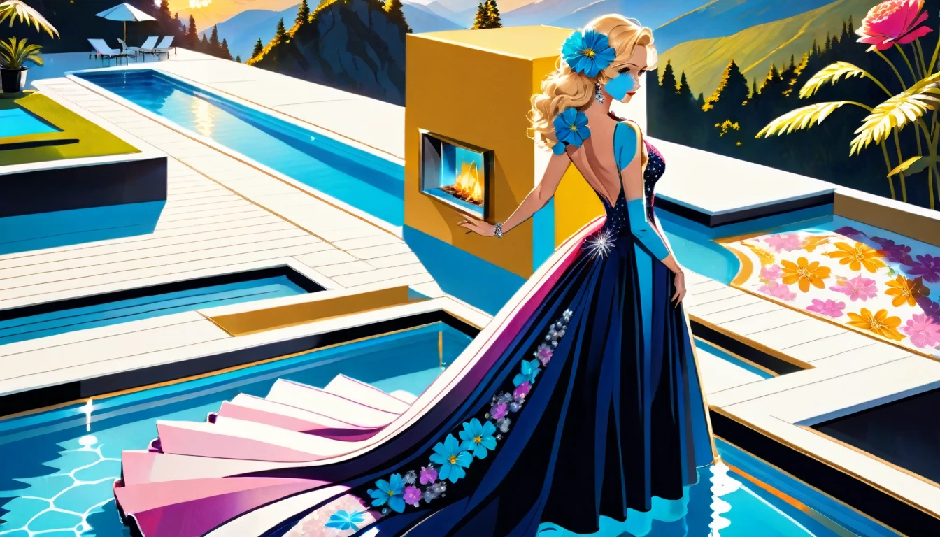 an ultra wide award winning picture of an elite glamour woman in a pool party in a high society pool on a snowy mountain, a most beautiful woman  ((anatomically correct:1.5)), blond hair, rich hair, wavy hair, deep blue eyes, wearing a bathing suit dress, intricate bathing suit, dynamic color, decorated with flowers, decorated with diamonds, sense of prestige, high class, holding a glass of wine, wearing elegant high heels, in a rich high society pool party, large infinity pool in hotel roof, in a resort on a snowy mountain, sun setting down, torches around the pool, and other party goers snow mountain in the background, chumbasket art style, flower dress