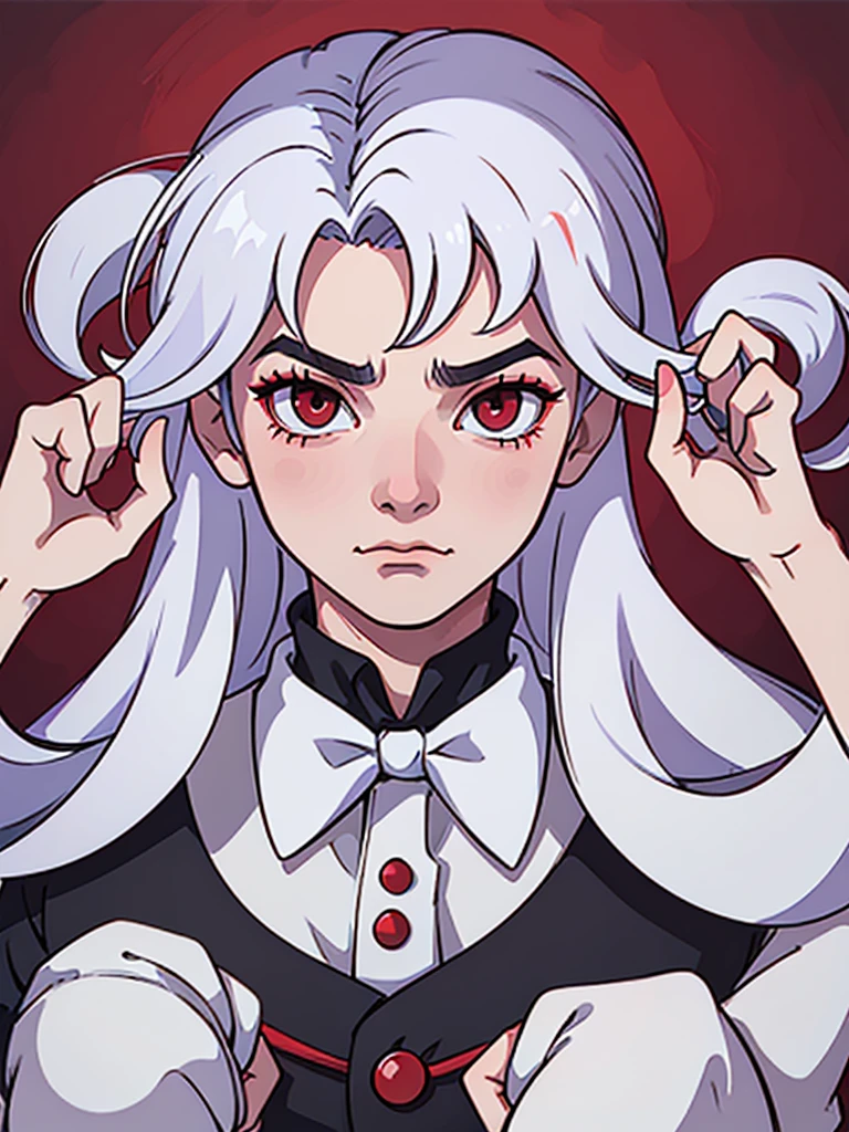 a close up of a poster with a man , He has Red eyes and white hair, wearing white, his hands up and a bow tie. he is making hypnosise with his hand. Dracula style. comics anime style, 70s poster, pop punk art style (No background)