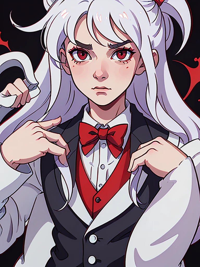 a close up of a poster with a man , He has Red eyes and white hair, wearing white, his hands up and a bow tie. he is making hypnosise with his hand. Dracula style. comics anime style, 70s poster, pop punk art style (No background)