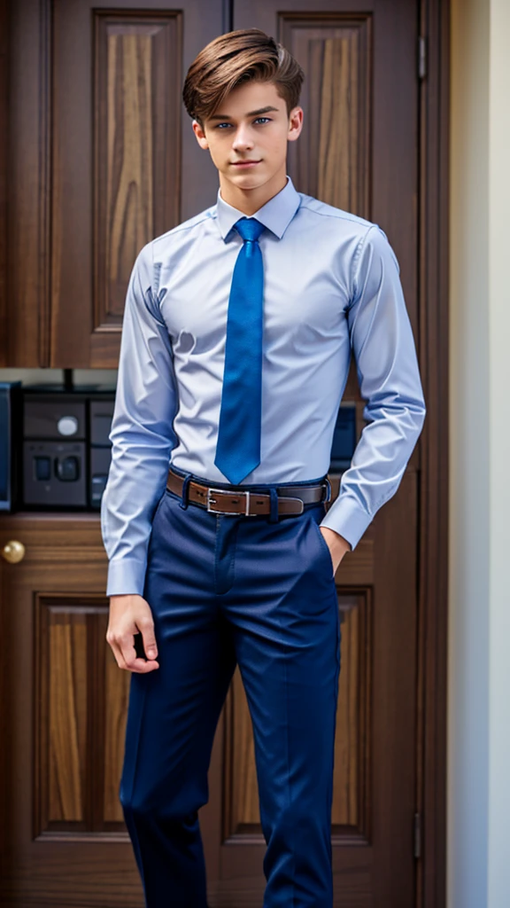 19 year old male wearing tie and lomg sleveed button up with belt and tucked in
4K HIGH REZ 

Physical Description: Brown colored hair and skinny build. 5"5 and 150 LB. Blue eyes. 

.