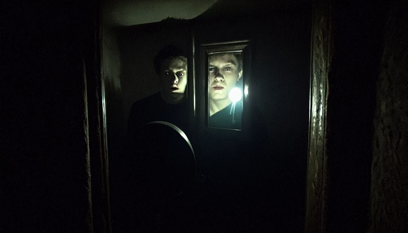 selfie photo of a man in front of the mirror but his reflection is staring at him, everything is dark, only flashlight light, disturbing atmosphere,creepy aura,,in the night,blair witch project atmosphere, unnerving and creepy aura, disturbing aura,horror core,found footage,grainy,
