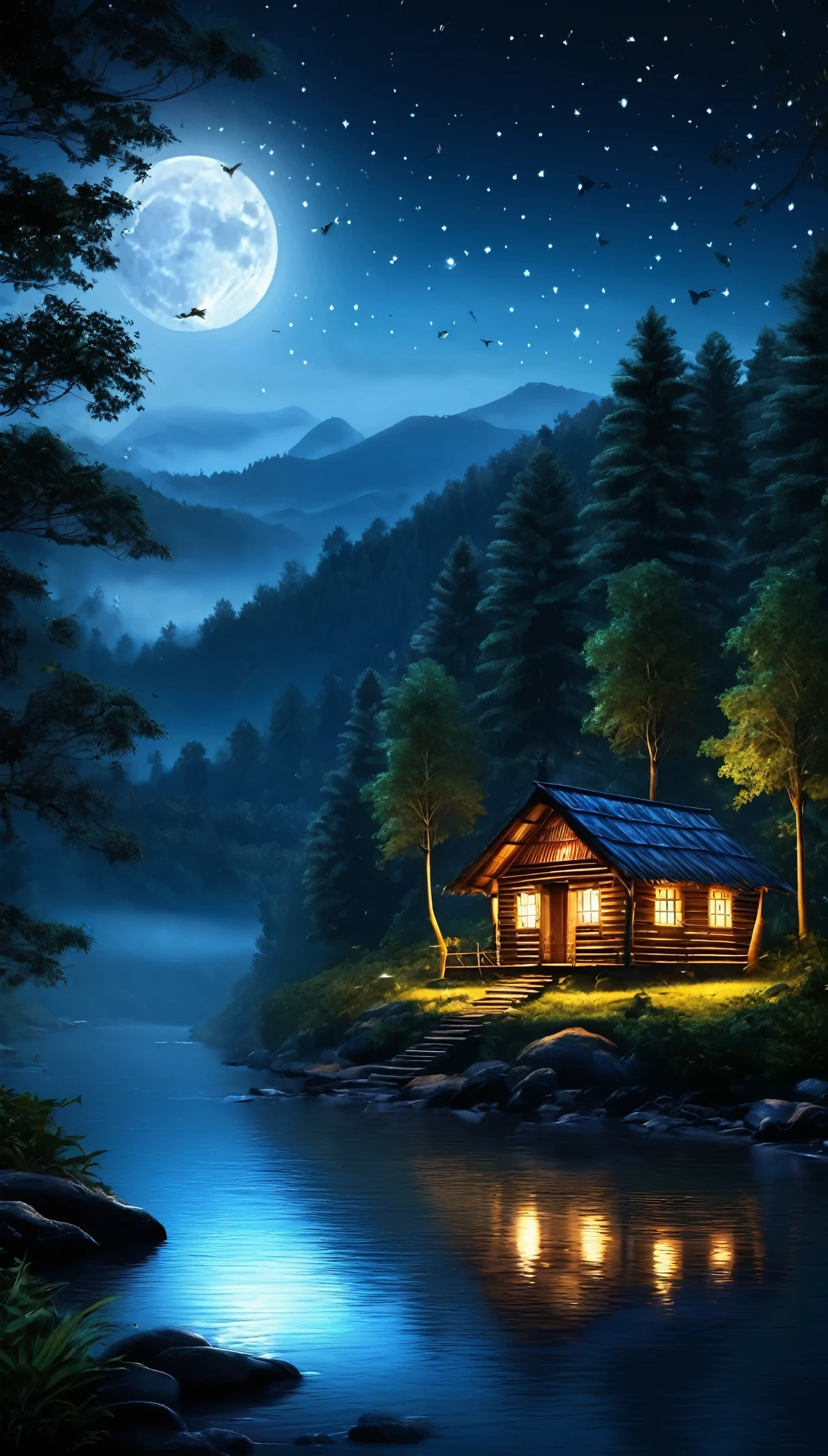 Dark forest , a river , big moon , full of trees , a small hut, mountain in backside, night view, big trees around the hut,misty,mystique,high detailed,photorealistic,beautiful,fireflies,dynamic lights,
