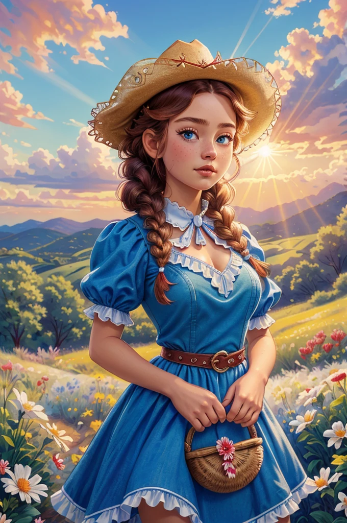 masterpiece, best quality, 1girl, cowboy shot of beautiful red girl, hands on hips, blue eyes, blue dress with white ornate frills, braid, kokoshnik headwear, summer, flowers field, sunset, sunrays