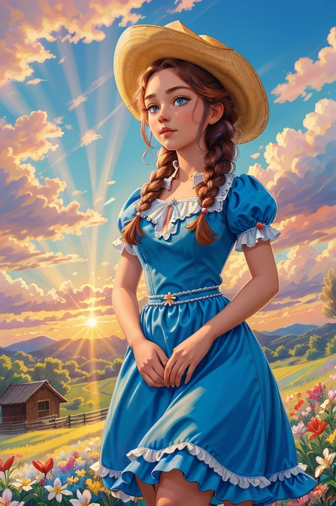 masterpiece, best quality, 1girl, cowboy shot of beautiful red girl, hands on hips, blue eyes, blue dress with white ornate frills, braid, kokoshnik headwear, summer, flowers field, sunset, sunrays