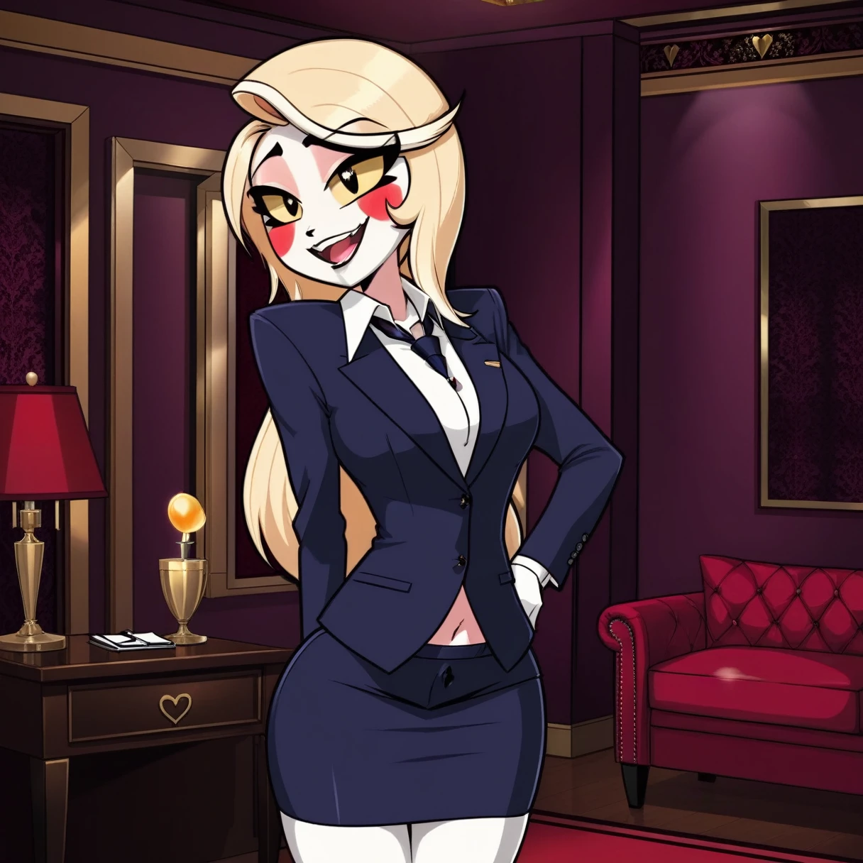 Charliza, 1girl,  black_eyes,fangs,  room,,score_9, score_8_up, score_7_up,, perky breasts, slender figure, make up, eyeshadow, eyeliner, mascara, long eye lashes, 1girl solo, half-closed eyes naughty smile ooking at viewer, (((skirt suit))), (((three-piece suit))), (((dress shirt))), (((necktie))), (((navy blazer))), (((suit jacket))), ((waistcoat)), double-breasted waistcoat, (((bodycon miniskirt))), pocket square, cufflinks, tie clip , source_furry, tailored suit, business woman, shiny clothes, squatting, high heels, blowjob, oral sex, deepthroat, fellatio, solo scene, saliva, running mascara, blowbang, multiple men, facefuck, gangbang, multiple penises, naked males, vaginal sex, sex scene, spooning sex, spitroast