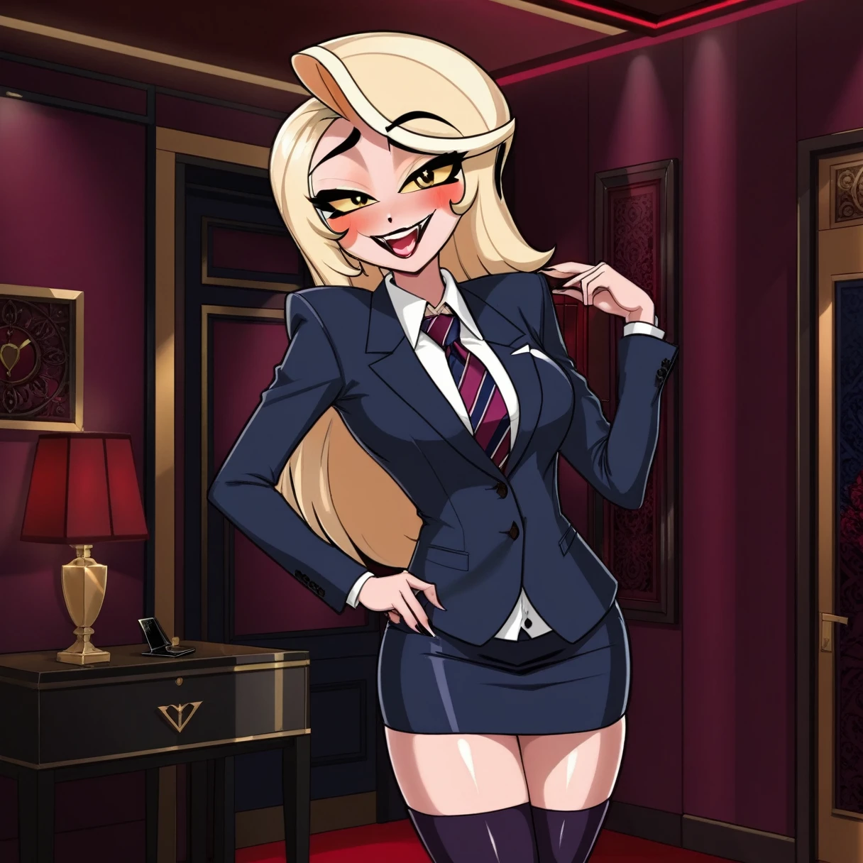 Charliza, 1girl,  black_eyes,fangs,  room,,score_9, score_8_up, score_7_up,, perky breasts, slender figure, make up, eyeshadow, eyeliner, mascara, long eye lashes, 1girl solo, half-closed eyes naughty smile ooking at viewer, (((skirt suit))), (((three-piece suit))), (((dress shirt))), (((necktie))), (((navy blazer))), (((suit jacket))), ((waistcoat)), double-breasted waistcoat, (((bodycon miniskirt))), pocket square, cufflinks, tie clip , source_furry, tailored suit, business woman, shiny clothes, squatting, high heels, blowjob, oral sex, deepthroat, fellatio, solo scene, saliva, running mascara, blowbang, multiple men, facefuck, gangbang, multiple penises, naked males, vaginal sex, sex scene, spooning sex, spitroast