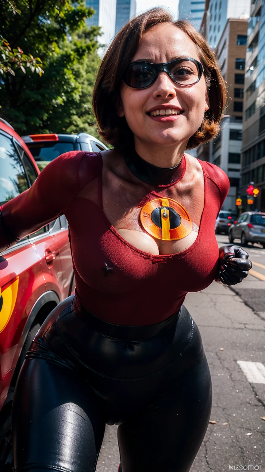(masterpiece), (solo character), (photorealistic:1.4), ),(best quality), (the Incredibles red top bodysuit),, (Dakota Johnson wearing the Incredibles red bodysuit) ), (Dakota Johnson in Helen Parr hairstyle), (helen short hairstyle), (flashphoto), (epiCRealLife), (lora:epiCFlashPhoto), (flash photography), (wearing thighhigh), (the incredibles elbow gloves), (outdoor), (Dakota Johnson laughing), (fighting poses), (outdoor), (cleavage), (from side)