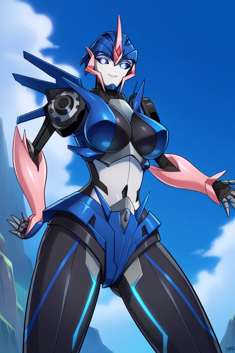 score_9, score_8_up, score_7_up, BREAK, 1girl, solo, arceetp, mecha, robot, castle background, autobot, blue glowing eyes, Upper body, standing, bent over, together legs, nigth, black legs, thick legs, sexy body, big breasts, smile, front view, look at the viwer, bent over, sexy pose, no smile, black chest, big breasts, below view
