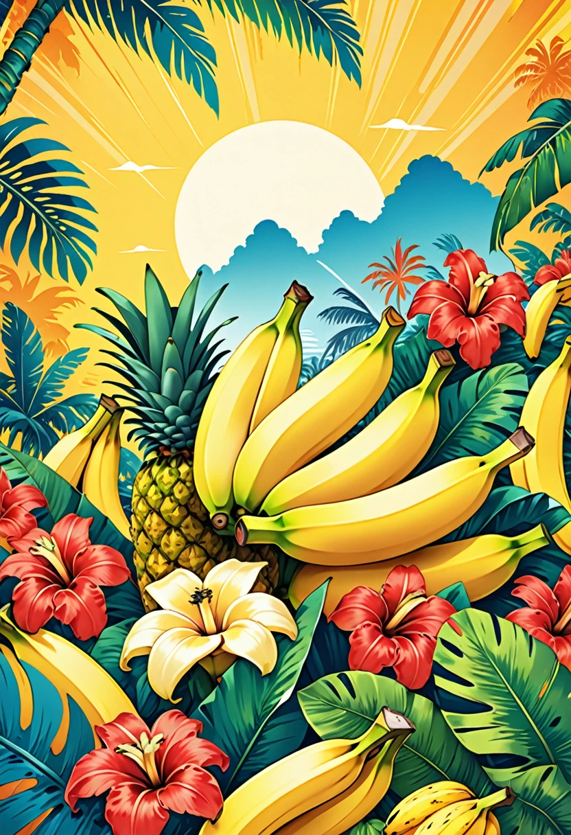 Vector Art, Colorful illustration with lots of bananas, In the center, Vibrant colors, High Detail,Hawaiian style background