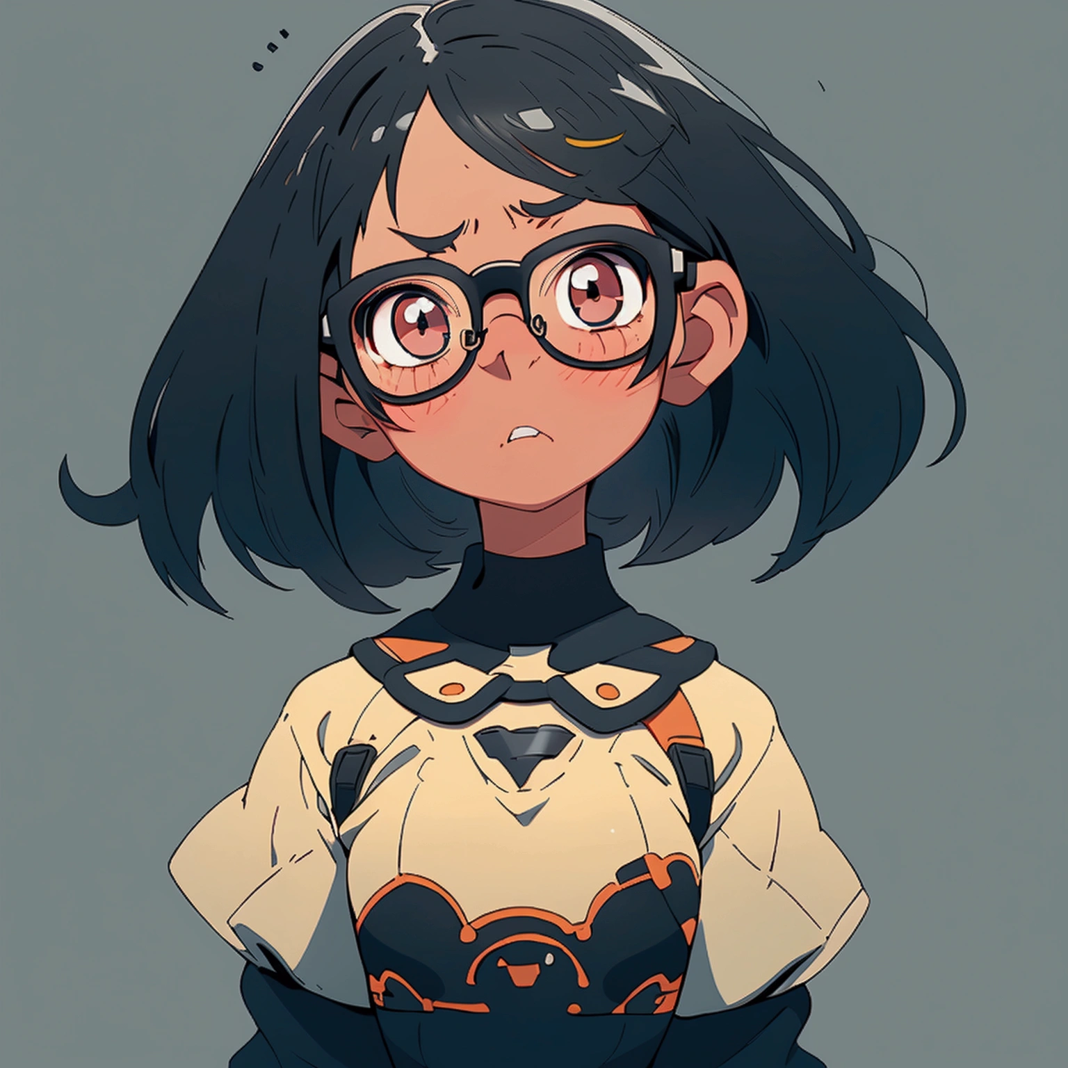 A bob cut is wearing glasses, black eyes, not wearing glasses, touching her chest, looking up, white skin, big breasts, looking up, black hair, angry pose