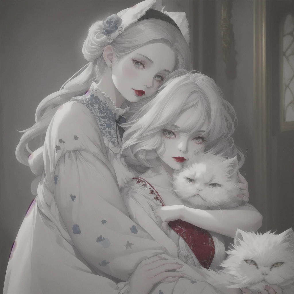 A gray-haired girl with very white skin and very red lips, wearing a white dress with blue embroidery, who is hugging a white Persian cat with black spots.