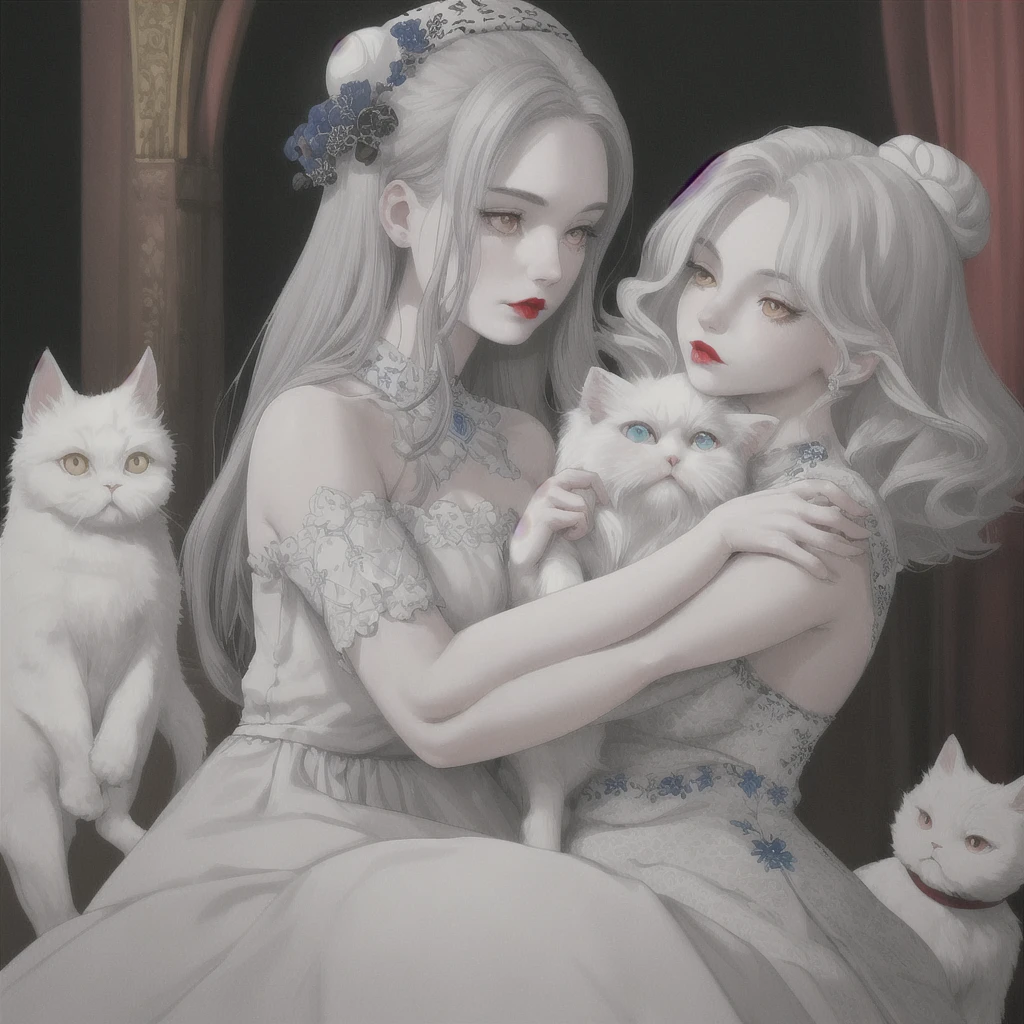 A gray-haired girl with very white skin and very red lips, wearing a white dress with blue embroidery, who is hugging a white Persian cat with black spots.