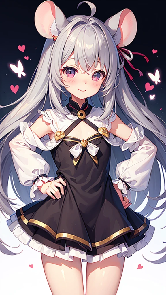((masterpiece))((Highest quality))Mouse Ears、girl、smile、blush、Flat Chest、Are thin、、low length、Gray Hair、blush、Are standing、Whole body image、Even your toes are visible、Eye level on face、front、No background、Mouse pose、真frontのアングル