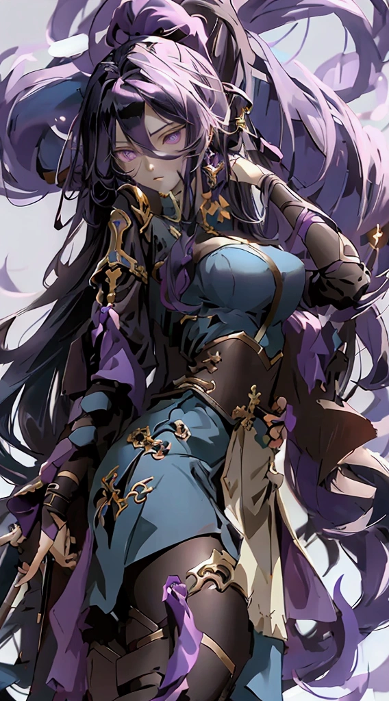 anime style: tall woman with long black hair with a blue line, purple, perfect light skin colored body, big breasts, He is looking at the camera seriously, She dresses in a blue and purple uniform with a skirt that is uncovered at the front. She has long black stockings and dung that reaches the knee and in her hand she has a sword and behind it a lightning bolt that falls and hits the ground..