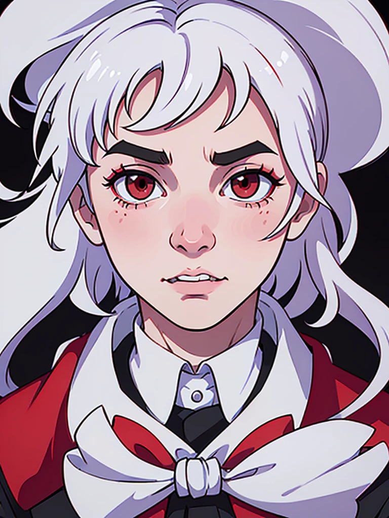 portrait of a close up of a poster with a man , He has Red eyes and white hair, wearing white, his hands up and a bow tie. he is making hypnosise with his hand. Dracula style. comics anime style, 70s poster, pop punk art style (No background) (portrait)