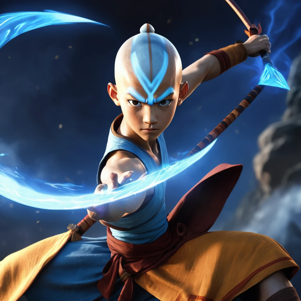 Make a realistic representation of Aang, the last airbender, with the dark blue arrow on his forehead, showing his mastery of all bending elements while in the powerful Avatar state. Ultra detailed, HD, 8K