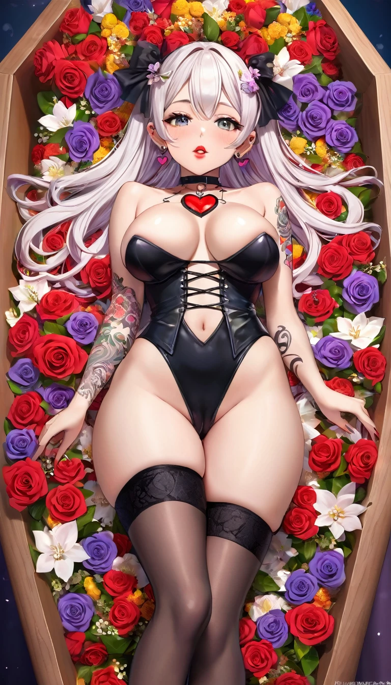 {{{{{16k}}}}}, {{{{{transforming a pure girl into her facial rank and tits rose to the SSS rank of top-notch pretty actresses, She is laid on an coffin of flowers bouquets and her body becomes more curvy, she is turned into a cutesy flower arrangements, getting her tattoos increased her waist and underbust became thinner, her breasts become even larger and deeper with cleavage, Her hair is replaced by a bang long glossy very Straight hair, A 10-years-old young girl who was supposed to have died, but was injected with more and more female hormones and Reproduce as underbust and topbust firmness lasciviousness 18-years-old nudity girl of the expression dyed in bewitching eroticism, The growing body is reproduced with sex-loving, sexy, thick, dark lips, She is fitted with a heart collar that puts people which transforms her into a cute once-in-a-millennium narcotic flower arrangement that becomes her too-cute}}}}},{{Extremely detailed}},{{{{{integrated her head pure small, All the fat from her limbs and waist will move to her swinging tits and slender limbs, Enchanting Too thick and erotic lips, Her thickened lips shimmer with luster, A cutely girl's soul-draining white eyes}}}}},{{{{{Her tattoos spread all over her body, She is tattooed with lewd flowers on her neck, arms, lower abdomen, thighs, Flower piercings are attached all over her body}}}}}