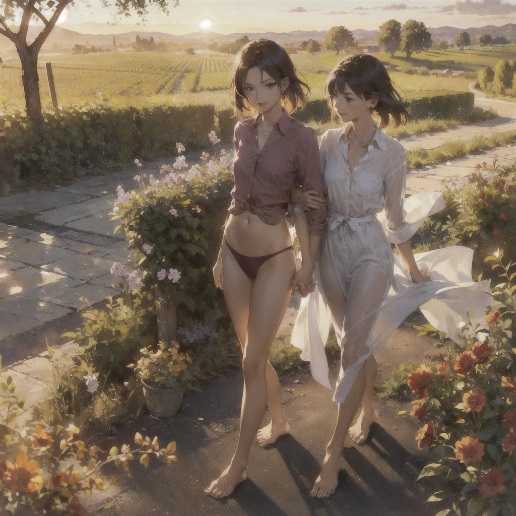 Exquisite (slim) a thin, tender girl of with a perfect gentle face of the southern type (with short dark burgundy hair) with freckles (with ruby earring) in the rays of the rising sun, naked with tender bare breasts with pink swollen nipples ((barefoot)) ((in an unbuttoned open burgundy shirt over a naked body and in small burgundy panties)) (on the veranda in the garden) Drinks ((coffee)) and looks at the flowers, in watercolor style, discreet light shades, Flares, (imitation of film photography), against the sun, a lot of sun glare, light fills the frame, olive and grape groves, strong wind, Brick Road, high image quality, Maximum detail, sunset lighting, Warm evening shades, (warm golden and olive sunset light), big space eyes, olive and grape groves, Brick Road, ((чашки с coffee и coffeeйники у домика)), (brick house), (coffee)