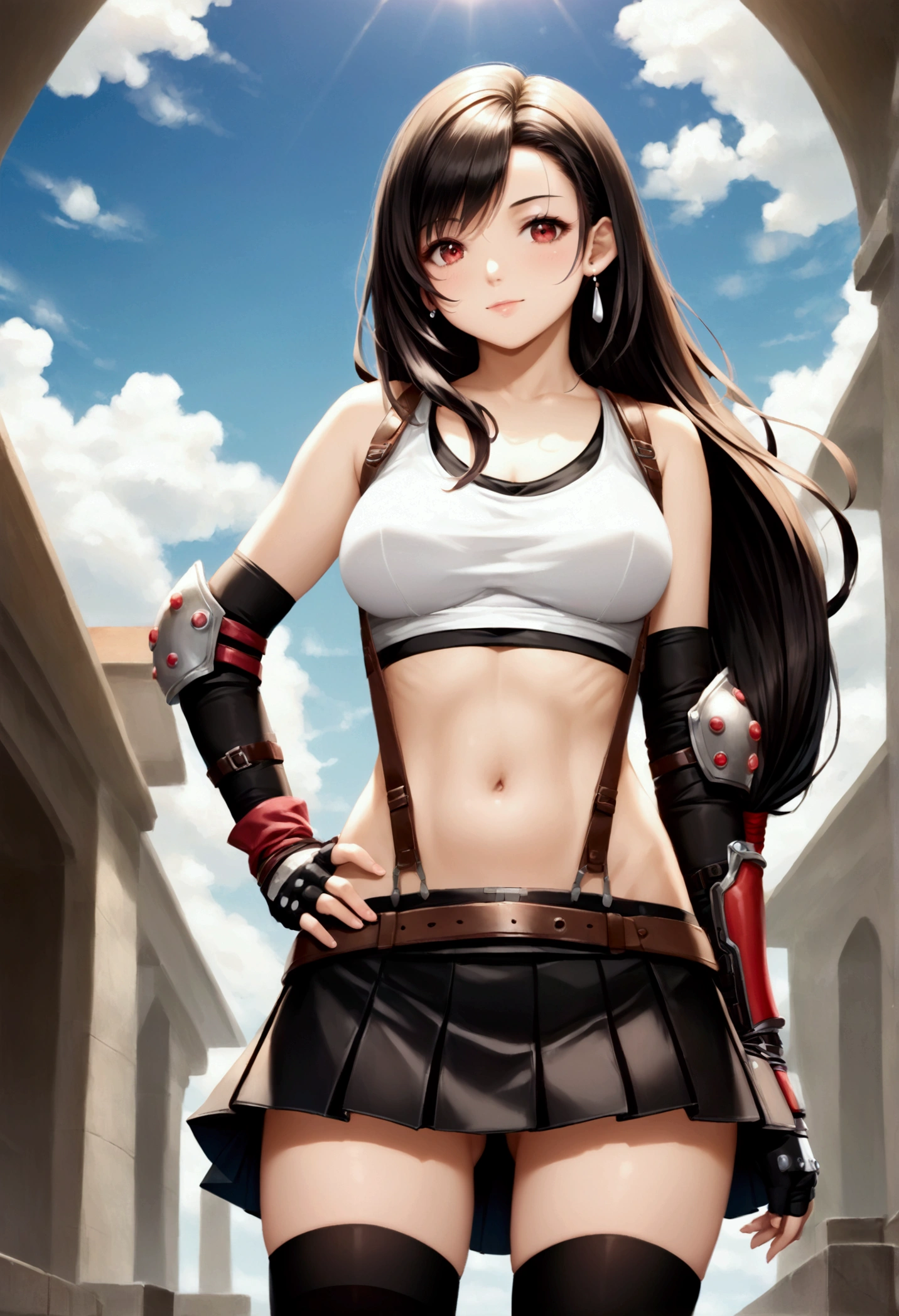 score_9, score_8_up, score_7_up,,BREAK , ,from front,front view,below angle,,standing,contrapost,upperbody ,,straight-on,Solo,1girl, tifa lockhart, final fantasy,ultra beautiful ,black hair, low-tied long hair, red eyes, bangs, (white tank top,gap),High exposure,Belly exposure,the ribs,(belt, pleated skirt, thighhighs, elbow fingerless gloves, elbow pads, midriff, navel,suspenders.skirt),beautiful waist ,((large_breast:1.3)),light smile,,hand on own hip,daytime,outdoor,(ultra detailed),(best quality),(aesthetic,very aesthetic),UHD,photorealistic,game cg.extremely detailed CG unity 8k wallpaper,anime,depth of field,,,