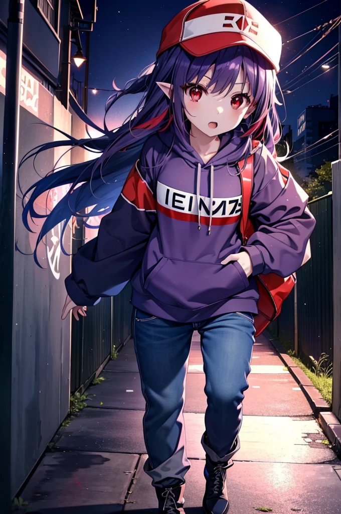 yuukikonno, Konno Yuuki,  Long Hair, Pointed Ears, Purple Hair, (Red eyes:1.5), (Small breasts:1.2), Open your mouth,Baseball hats,Oversized purple hoodie,jeans,Thick hem,boots,Walking,Graffiti wall,Daytime,Clear skies,Both hands are in the pockets of the hoodie、whole bodyがイラストに入るように,
break looking at viewer, whole body,
break outdoors, Alley,
break (masterpiece:1.2), Highest quality, High resolution, unity 8k wallpaper, (figure:0.8), (Beautiful attention to detail:1.6), Highly detailed face, Perfect lighting, Highly detailed CG, (Perfect hands, Perfect Anatomy),