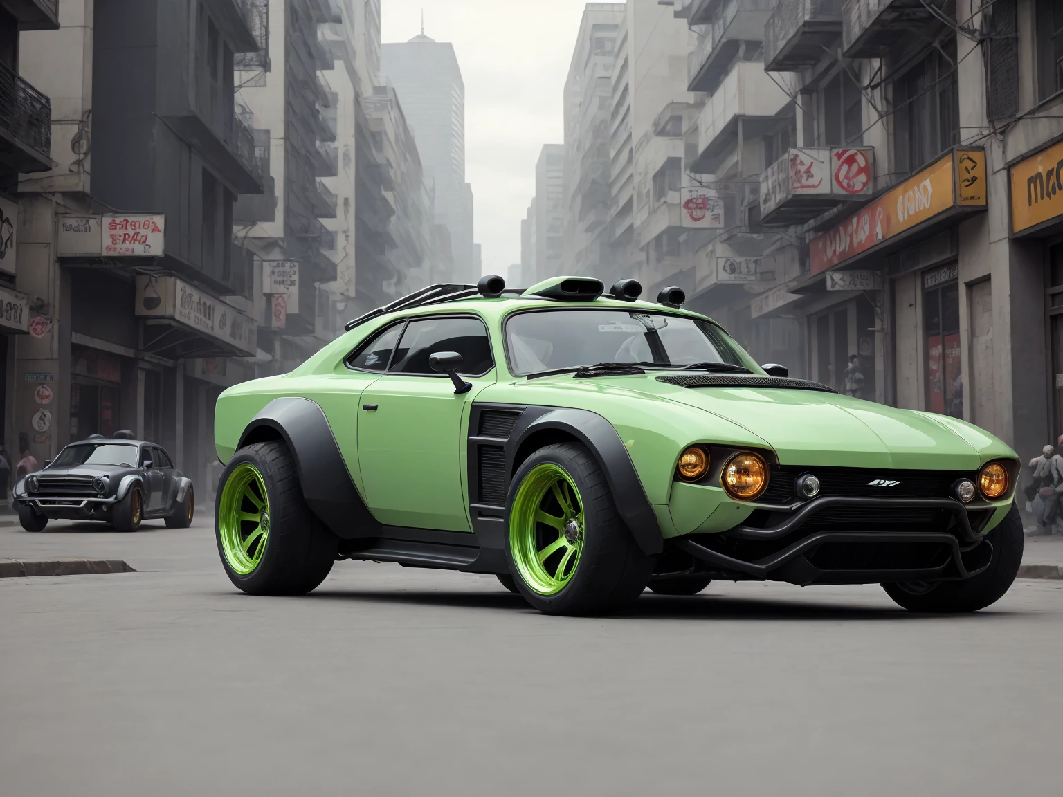 a 3/4 front view of ((futuristic cyberpunk hotrod zeekars)) (with glowing tires), at the street in a colorfull city, low, streamlined, sporty, metalic gray deep orange and pastel green, colors, backround, flat thin lights, wide tires, black rims
