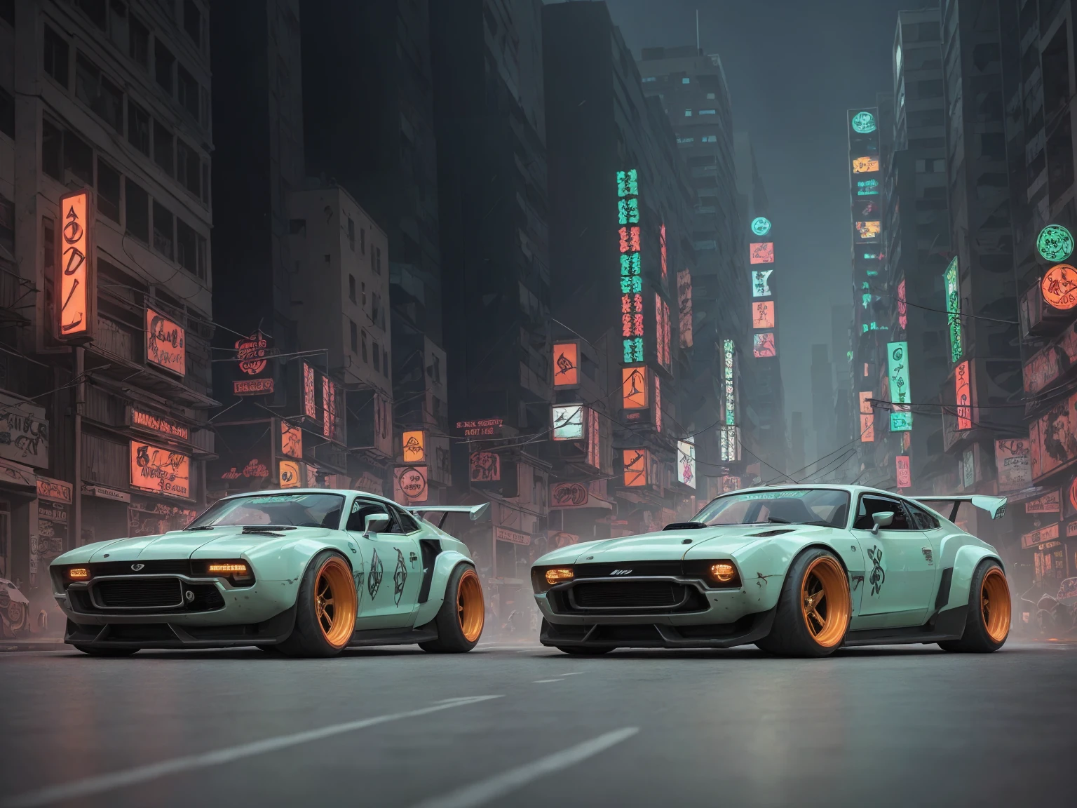 a 3/4 front view of ((futuristic cyberpunk hotrod zeekars)) (with glowing tires), at the street in a colorfull city, low, streamlined, sporty, gray orange and green colors, backround, flat thin lights, wide tires, black rims
