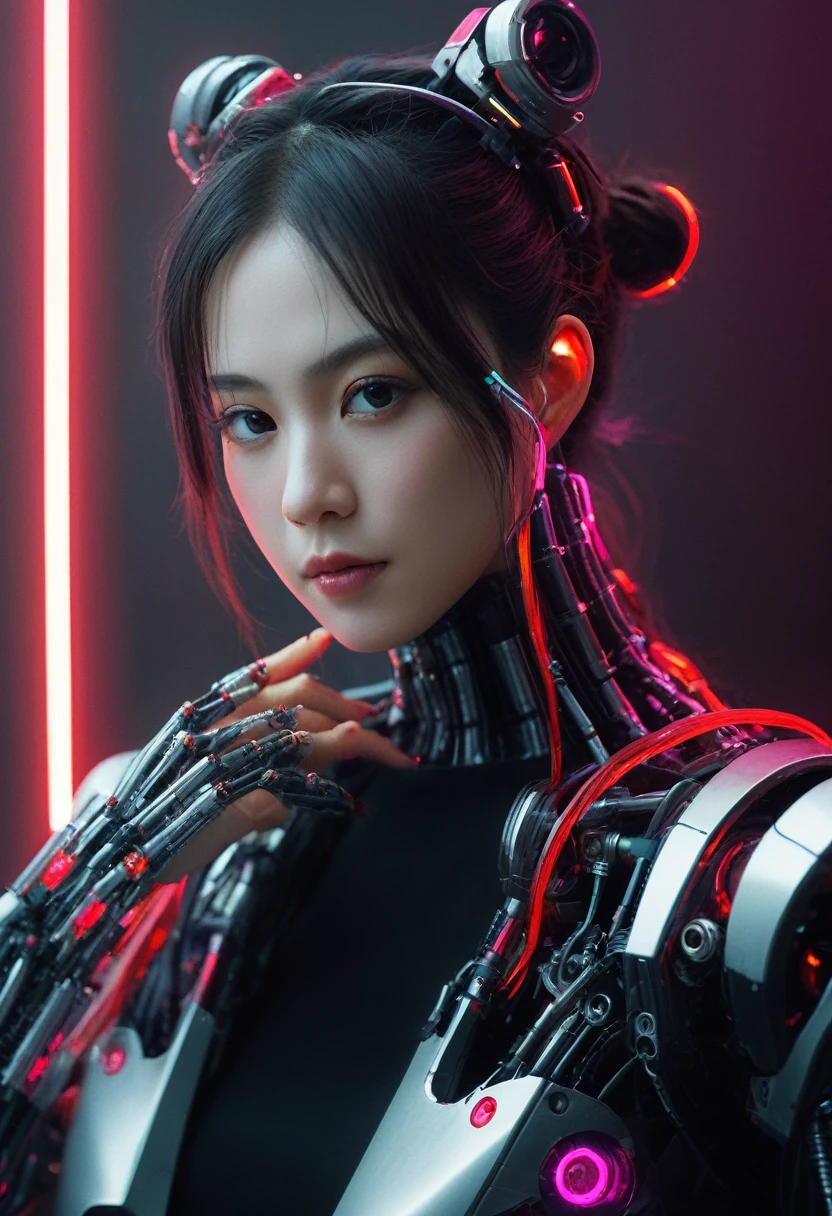mixgirl. Highly detailed professional 35mm film, bokeh, face in sharp focus. A robotic female, Miku, with ((metal skin)), ((perfect Asian eyes)) with magenta irises and ((black pupils)), beautiful serious (detailed face), 18 year old ((photorealistic face)), very long magenta twin tails of magenta hair, twin black hair ties with a single red stripe. She may have a black audio headpiece. We can see her ((full body)) down to her boot soles. Her outfit is a sleeveless collared light grey shirt, outlined in red around the frilled collar and hems. Shiny reflective ((metallic brups, dimpleless)), invisible nipples.ars black sleeves with red hems that start around her upper arm and bellow out as the sleeves open and extend to her wrists, with wide trumpet red rimmed cuffs. She has perfect robotic (detailed hands). She wears a red colored tie with two horizontal solid parallel black lines halfway across. She wears a fabric black skirt with a horizontal red hem at the bottom all the way around; her (((black skirt wraps around her))) and ((her skirt completely covers)) her robotic waist and thighs. Tall black boots with red bottom soles, a red rim around the top at her thighs. Her mechanical shoulder joints are visible. We can see her robotic legs and robotic neck. Half of her is covered with shiny polished machinery. The background is a distant dark neon futuristic Japanese city, gold, cyan, violet neon, near harbor or mountains.