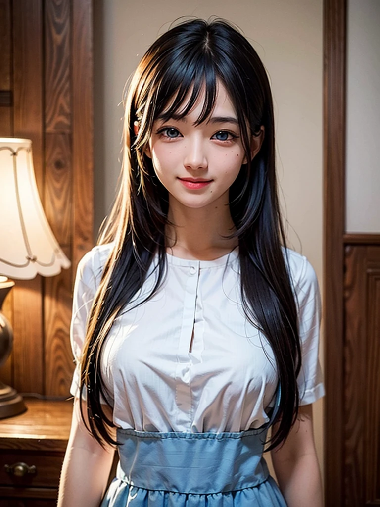 (In 8K、Highest quality、masterpiece:1.2)、(Realistic、Realistic:1.37)、Very detailed、1 girl、cute、alone、classroom、night、(Laughter:1.15)、Huge breasts、Too big、Beautiful saggy breasts and beautiful eyes、(Collared shirt:1.1)、Float NovaFrogStyle、Adult、Amorous、Gloss、Kamimei、she looks 、