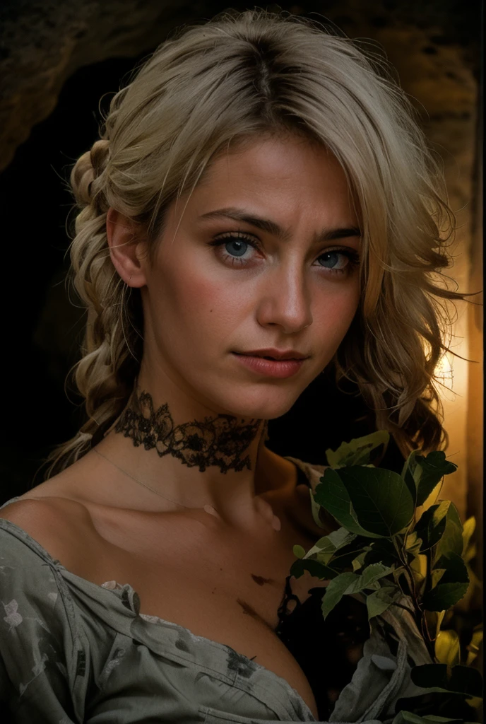 photograph of a woman, (troubled facial expression), textured skin, goosebumps, white afro hair, plaid flannel shirt with distressed boyfriend jeans, cowboy shot, dark and mysterious cave with unique rock formations and hidden wonders, perfect blue eyes, (candlelight,chiaroscuro), Porta 160 color, shot on ARRI ALEXA 65, bokeh, sharp focus on subject, shot by Don McCullin