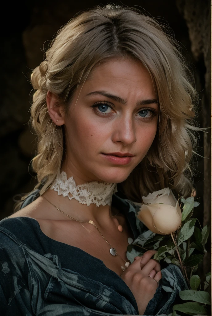 photograph of a woman, (troubled facial expression), textured skin, goosebumps, white afro hair, plaid flannel shirt with distressed boyfriend jeans, cowboy shot, dark and mysterious cave with unique rock formations and hidden wonders, perfect blue eyes, (candlelight,chiaroscuro), Porta 160 color, shot on ARRI ALEXA 65, bokeh, sharp focus on subject, shot by Don McCullin