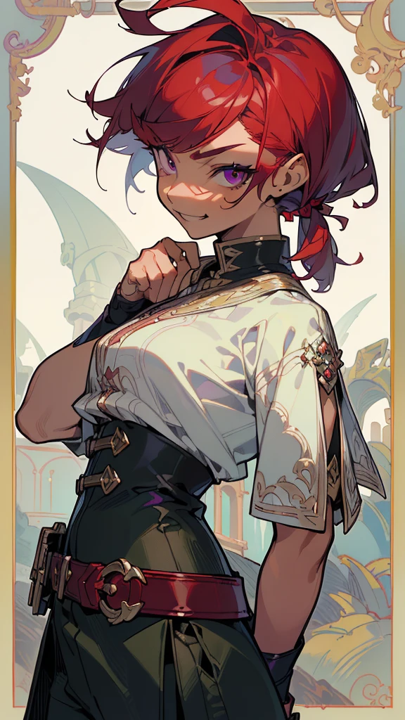 (masterpiece,female,Exquisite facial features,high quality,mystery,Extremely detailed,,epic work, intricate details)(Sophisticated design,Super fine details:1.2)art station,(masterpiece,best quality),Ultra high quality,32k,beautiful, (cherry red hair, low ponytail, bangs, messy hair, short hair, fantasy setting, female thief, purple eyes, tanned skin, adventorous, mischiveous, looking at viewer, fantasy clothes, pants, dangerouns, smile, assasin, assasin clothes, dark clothes, belts, menacing, dangeround smile, close up, ,)