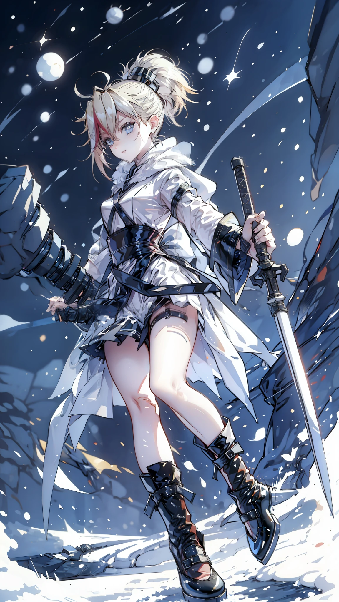 1 girl, hair ultra long, Face ultra detailed, shiny lips, shining blue eyes, very long ponytail, elegant walk, footbridge, holding a giant katana, blond, long eyelashes, long boots , looking at the sky, Starry sky, a ultra giant katana 